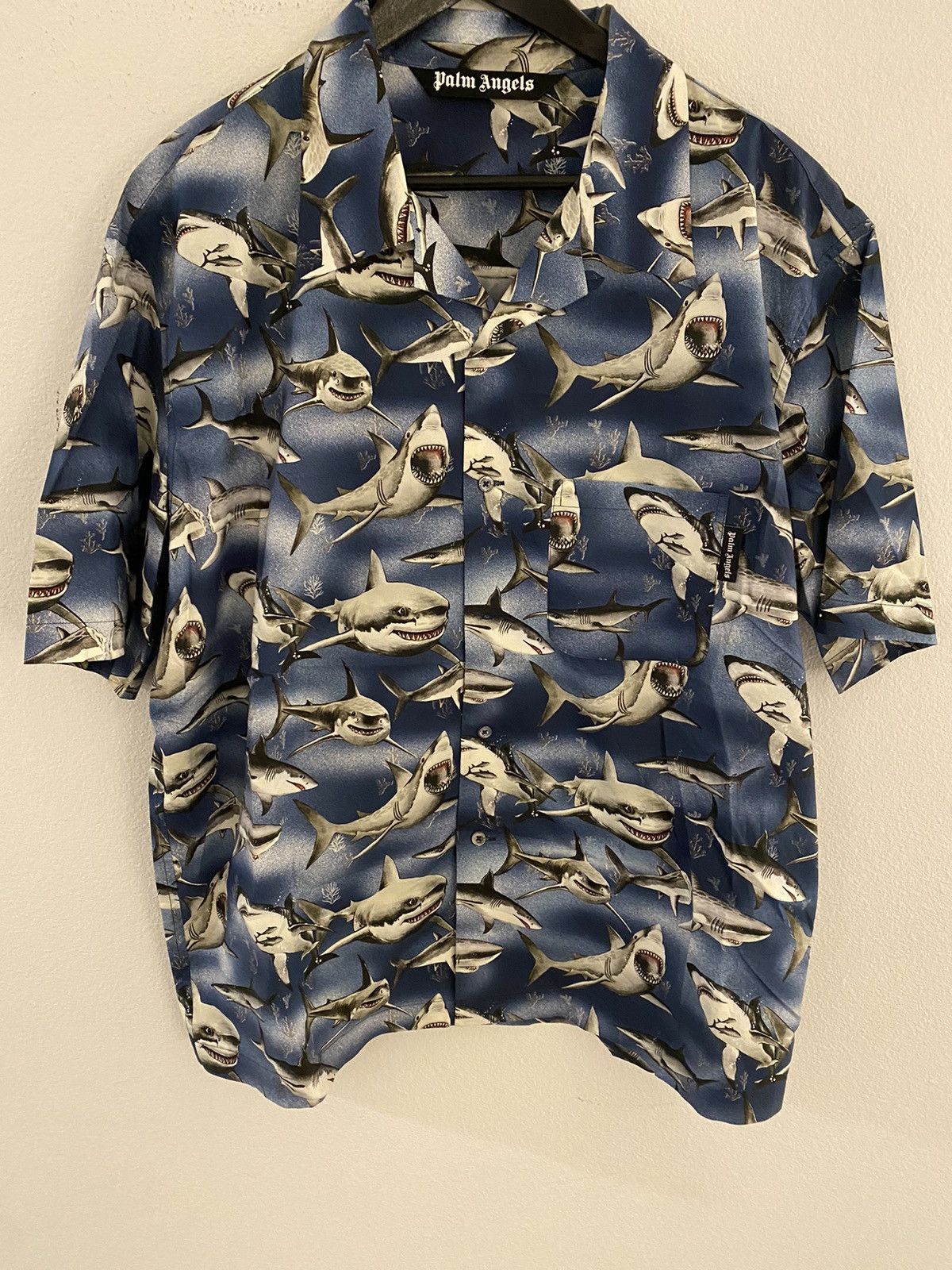 image of Palm Angels Sharks Bowling Shirt in Blue, Men's (Size 2XL)