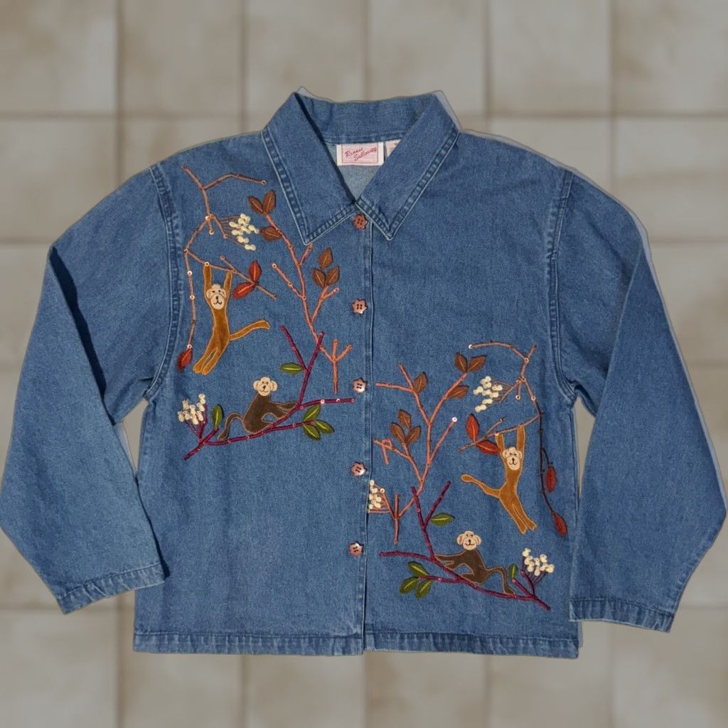 Denime VINTAGE Ronnie Salloway Embroidered Monkey Denim Shirt M NWT Button Up Size M / US 6-8 / IT 42-44 - 1 Thumbnail