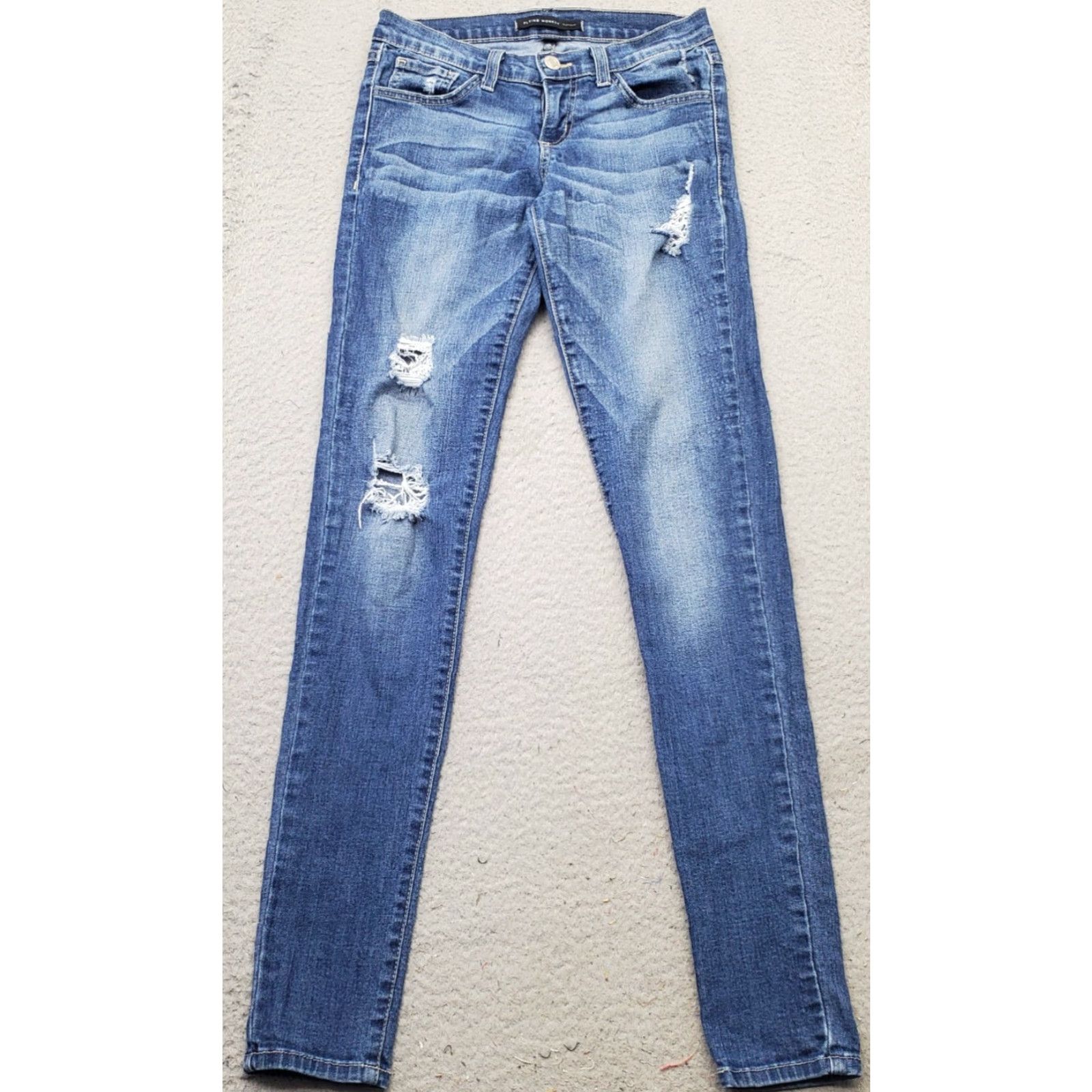 Vintage Flying Monkey Platinum Jeans Womens 25 Blue Denim Distressed Skinny Leg Low Rise Jeans Women 25.5 Inseam 29.75" 5-Pocket Denim Blue Size 42" / US 20 - 2 Thumbnail