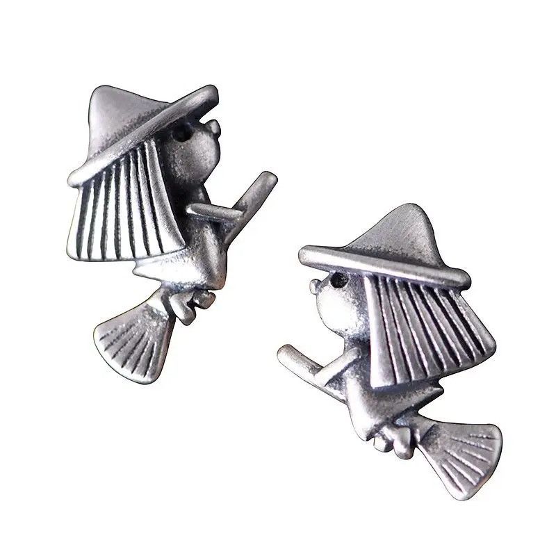 Jewelry Flying Witch Stud Earrings 925 Sterling Silver Ear Gift Size ONE SIZE - 4 Thumbnail