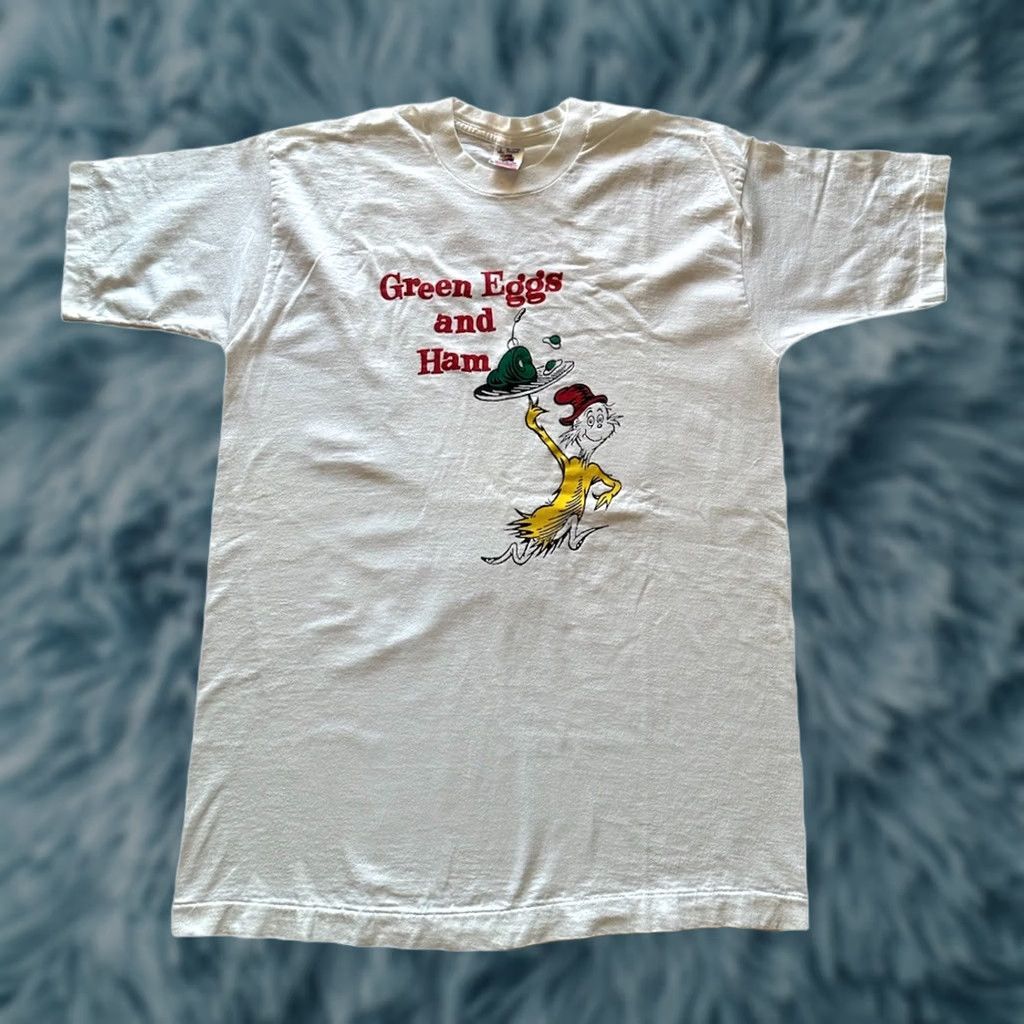 Hanes VINTAGE Green Eggs And Ham T-Shirt Large White Single Stitch 80s USA Made Dr. Seuss Hanes Mens L Shirt Size US L / EU 52-54 / 3 - 1 Thumbnail