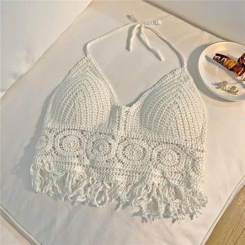 Other White Handmade Crochet Lace Halter Bralette Top, Crop Top Size ONE SIZE - 5 Thumbnail