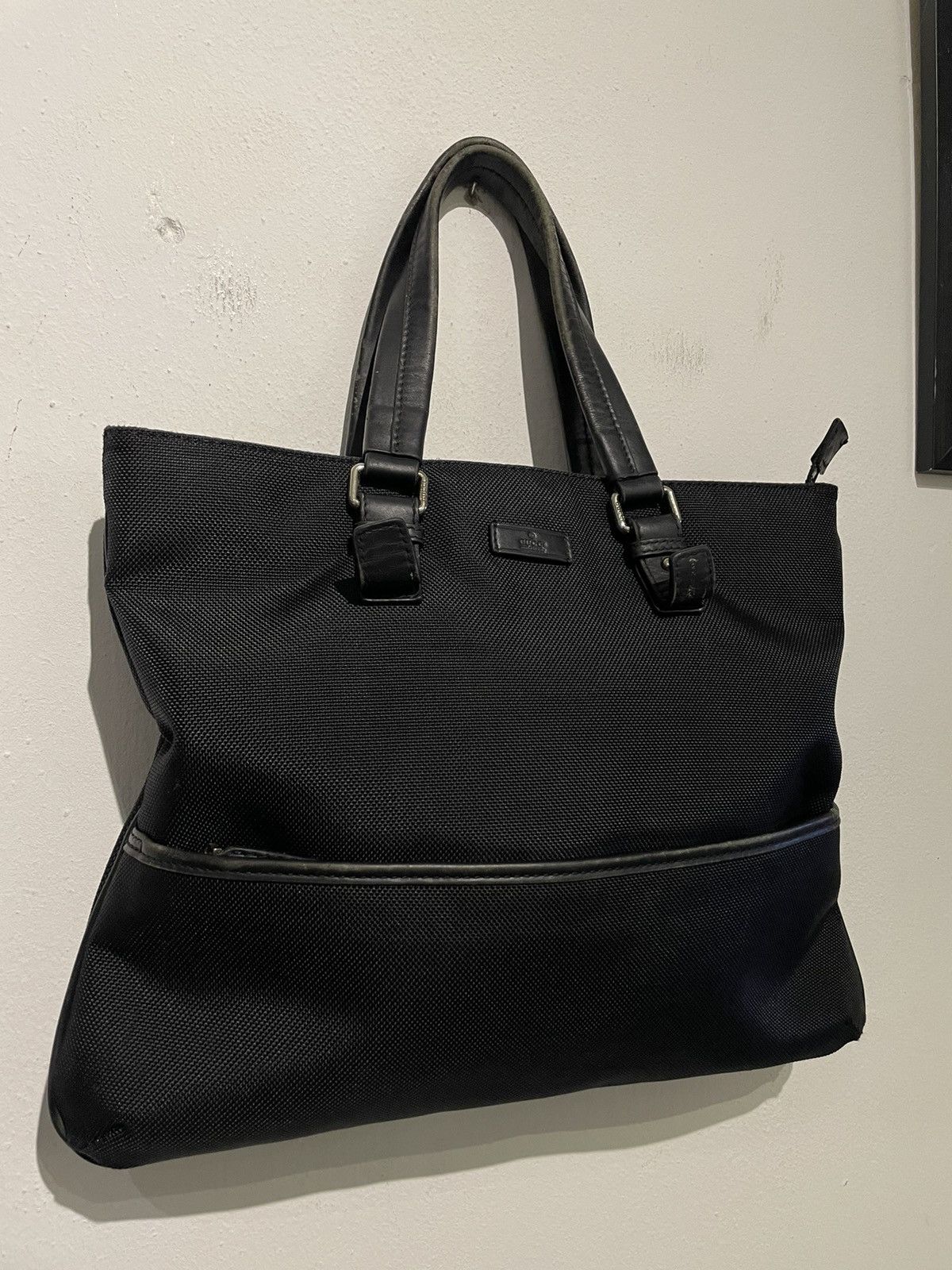 GUCCI BLACK FABRIC TOTE BAG WITH LEATHER HANDLES