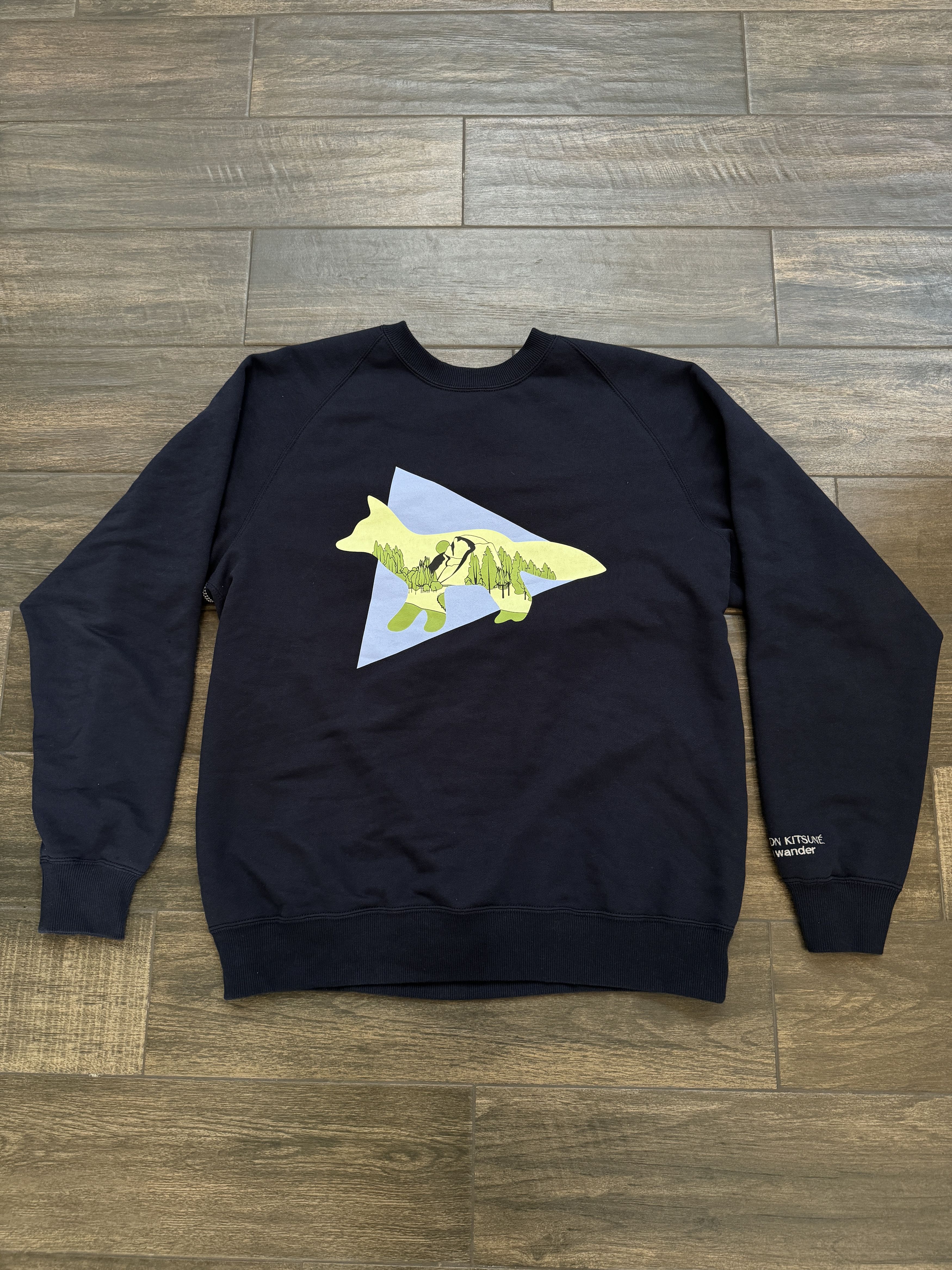 image of And Wander x Maison Kitsune Fox Logo Crewneck in Navy, Men's (Size XL)