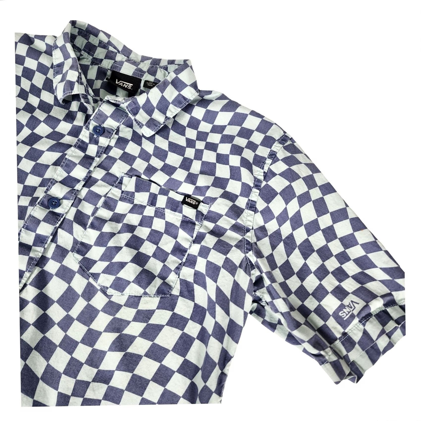 Vans VANS Warped Checkerboard Short Sleeve Button Down Shirt Blue Cotton Shirt Mens XL Blue Checkerboard Warped Pattern Casual Beach Summer Size US XL / EU 56 / 4 - 3 Thumbnail