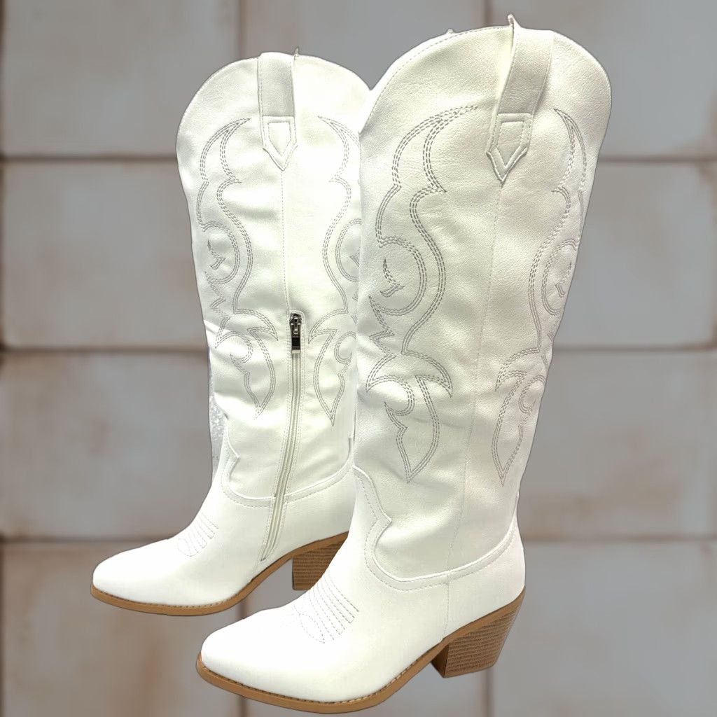 Vintage Platikly White Embroidered Knee High Vegan Leather Cowboy Boots Women Size 8 Size US 8 / IT 38 - 1 Thumbnail