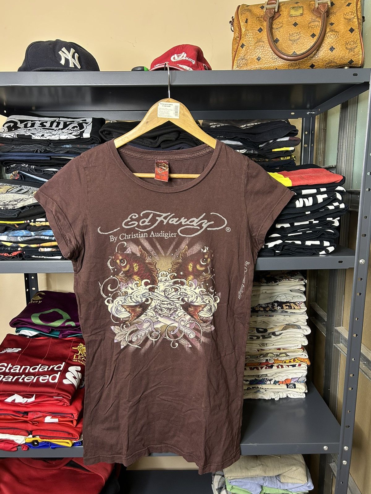 Christian Audigier × Vintage Vintage Ed Hardy Koi Fish Tee Brown Y2K Christian Audigier Size L / US 10 / IT 46 - 1 Thumbnail