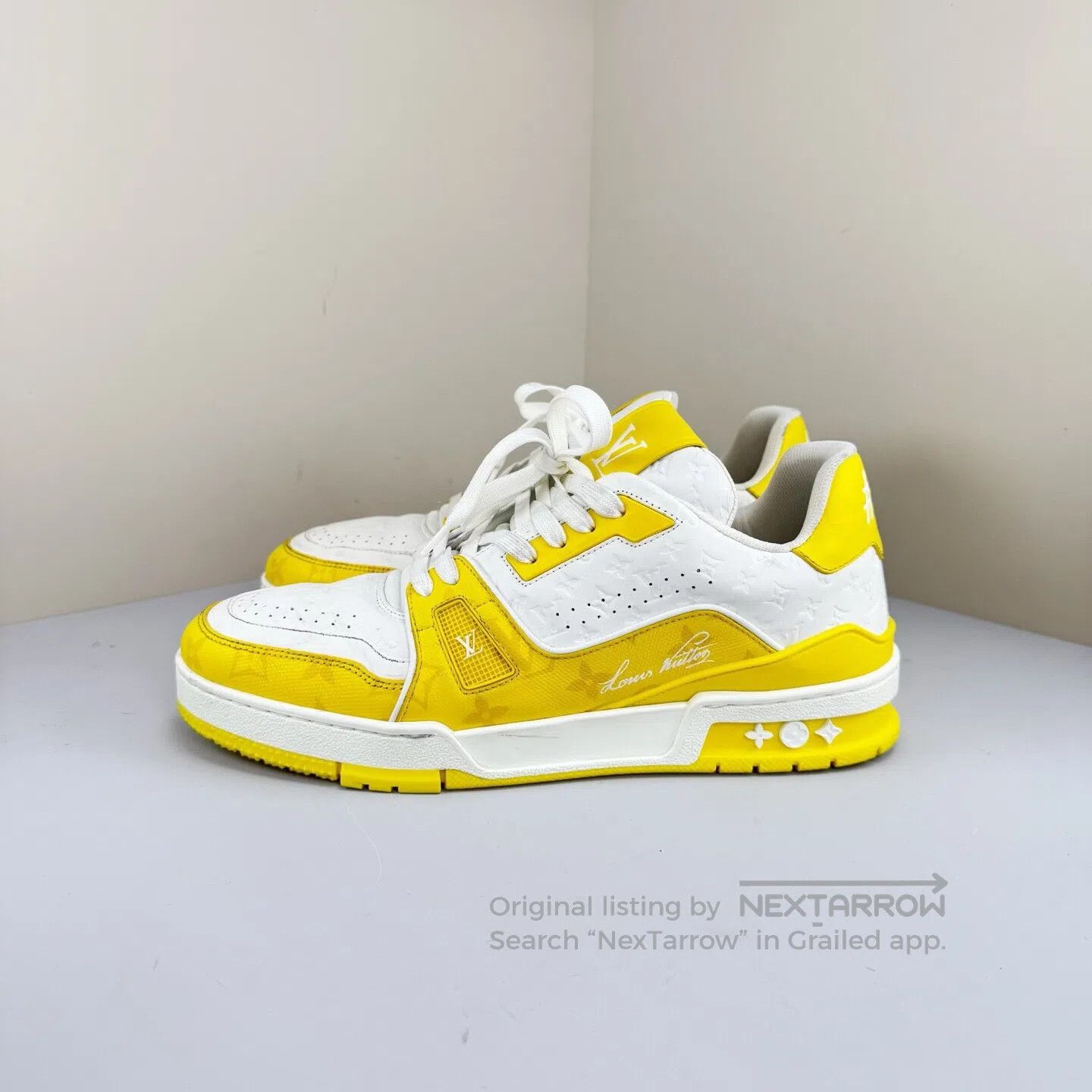 Louis Vuitton Louis Vuitton White and Yellow Embossed Trainer Sneakers| Size US 8 / EU 41 - 1 Thumbnail
