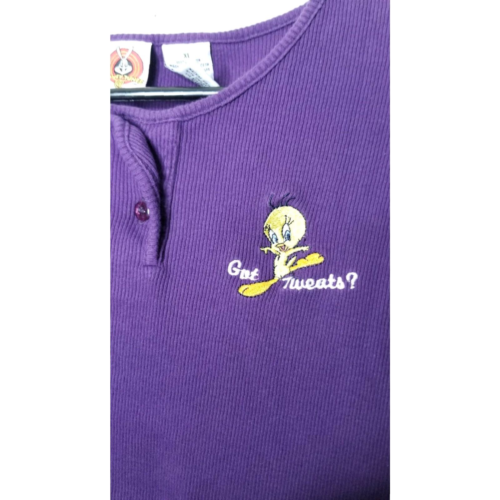 Vintage VINTAGE Looney Tunes Tweety Henley T Shirt Womens XL Ribbed Embroidered 90s Purple 1990s Size XL / US 12-14 / IT 48-50 - 3 Thumbnail
