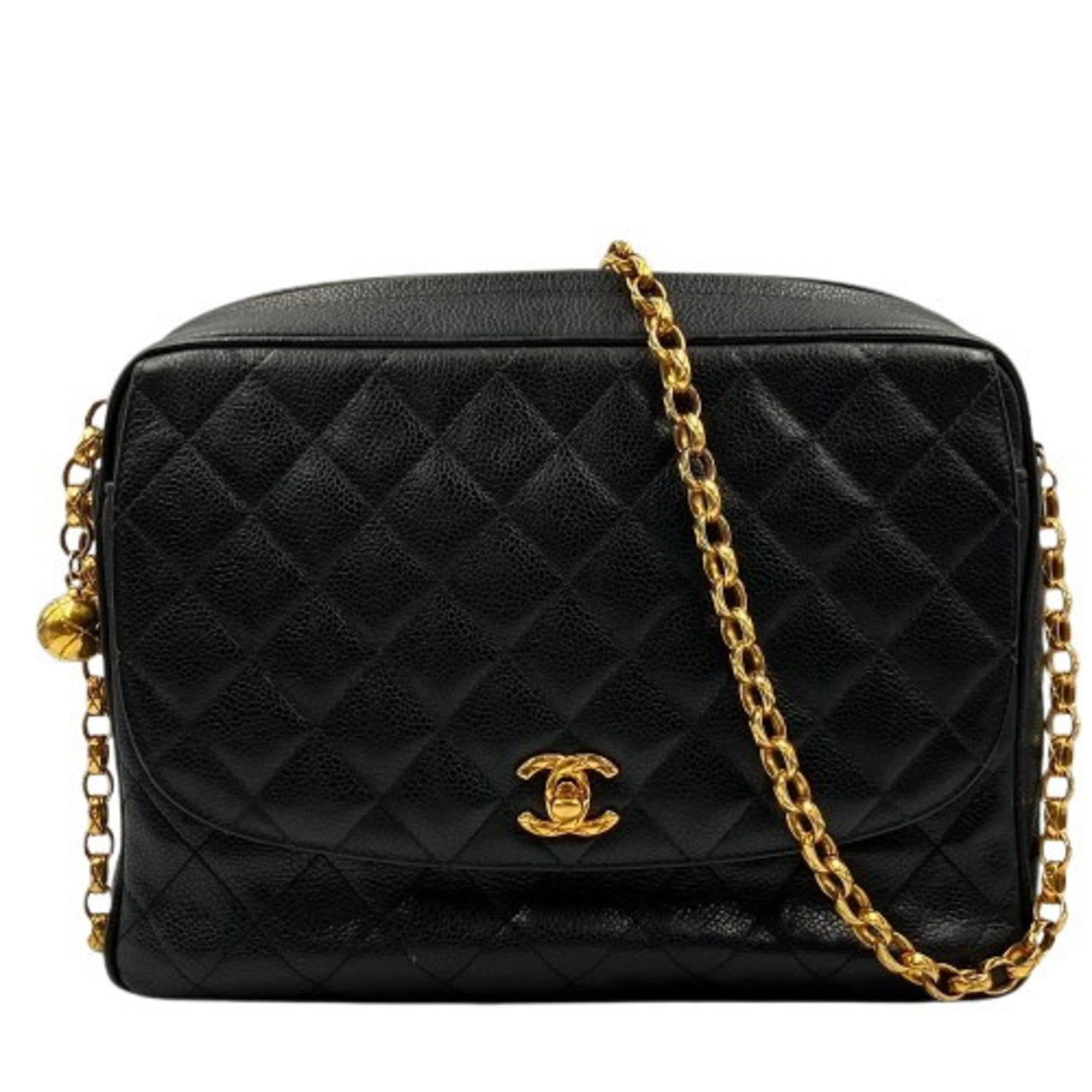 Chanel Caviar Skin Shoulder Bag Ball Chain Turn Lock in Black, Women's