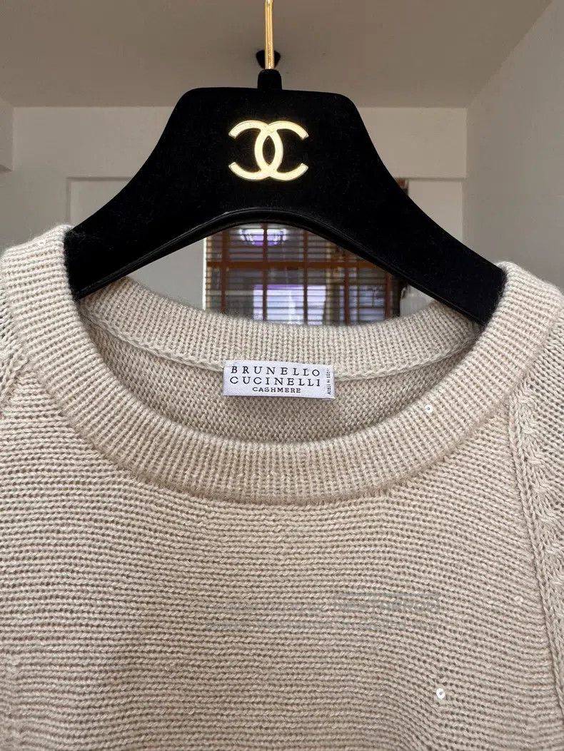 Brunello Cucinelli Brunello Cucinelli Beige Cashmere Sequin Knit Top Size S / US 4 / IT 40 - 4 Thumbnail