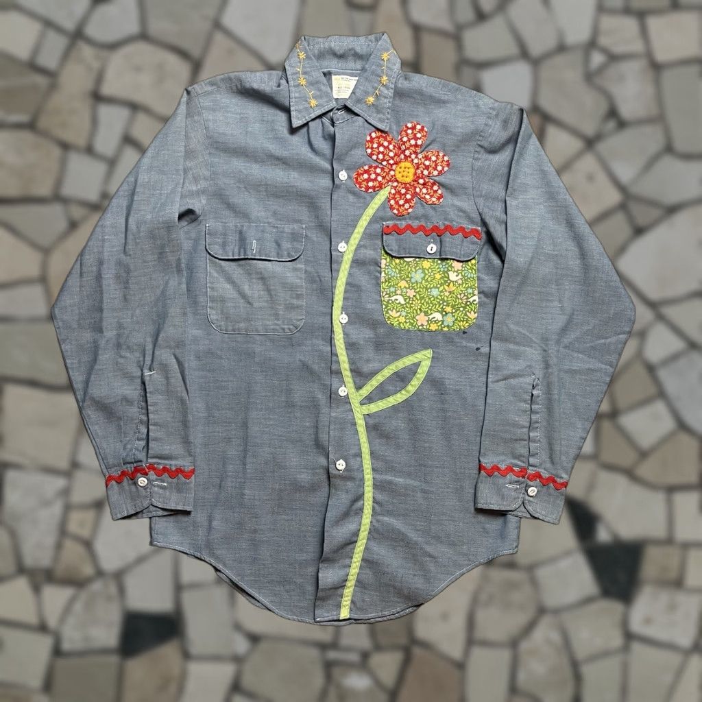 VINTAGE Big Mac Chambray Button-Up Shirt Men M Blue 70s 60s Hippie Cotton Long Sleeve Shirts Button-Up Mens