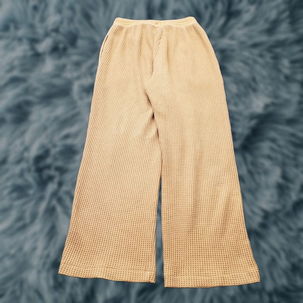 Vintage Aerie Lounge Pants Womens XS Tan Waffle Knit Thermal Elastic Waist Wide Leg Pants Size 26" / US 2 / IT 38 - 1 Thumbnail