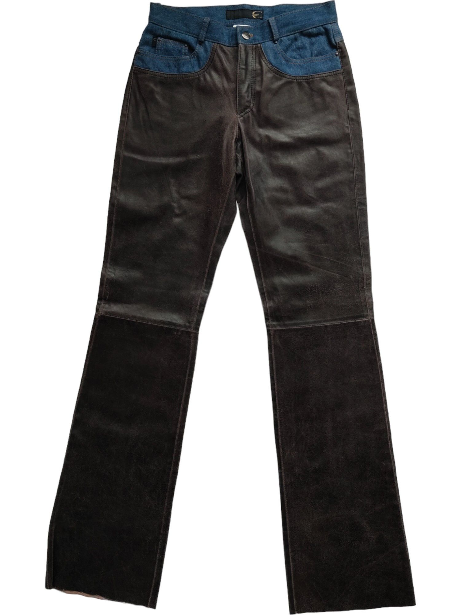 Just Cavalli Brown Leather And Denim Mixed Straight Leg Pants Size 27" / US 4 / IT 40 - 1 Thumbnail