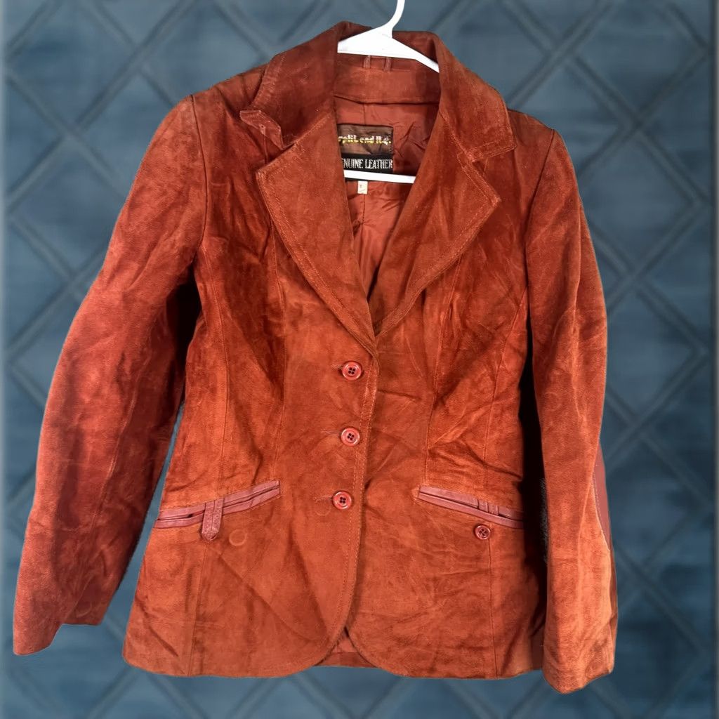 Vintage Split End Ltd Blazer Womens 7/8 Orange Suede Leather Elbow Patch Single Breasted Jacket Size M / US 6-8 / IT 42-44 - 1 Thumbnail