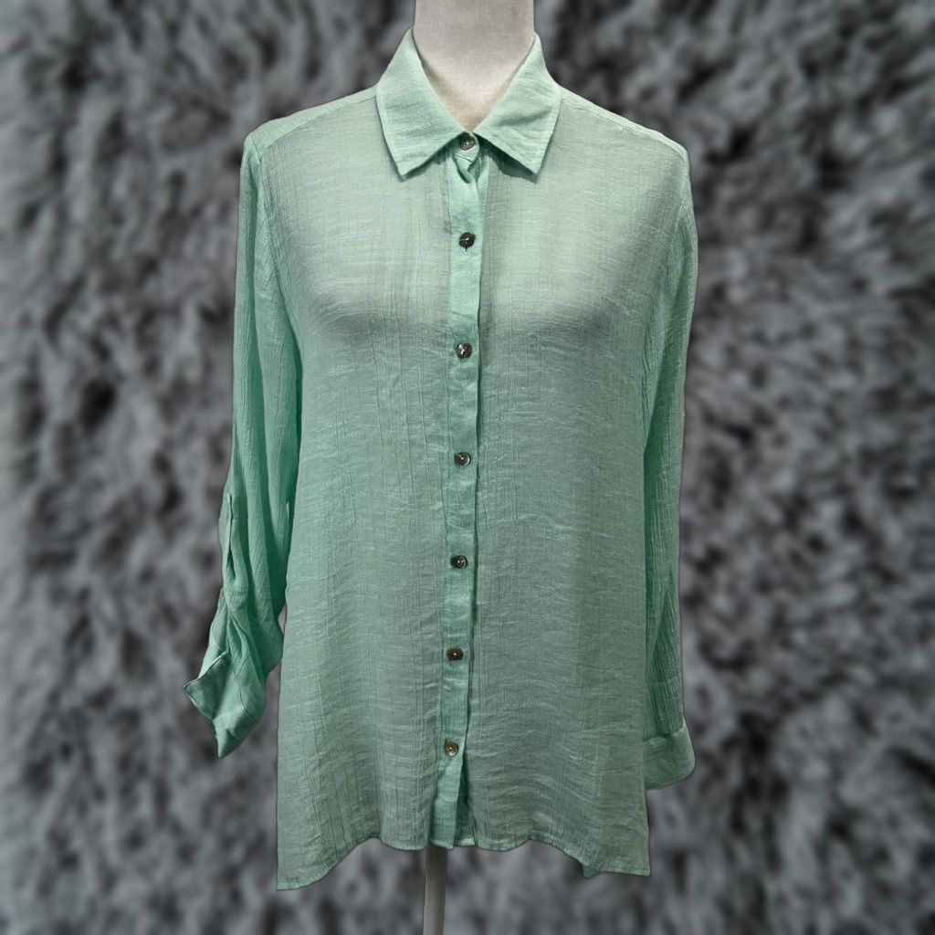 Vintage Chicos Green Crinkle Gauze Long Sleeve Button Up Shirt Women's Sz 1 Roll Tab Sleeves Size XS / US 0-2 / IT 36-38 - 1 Thumbnail