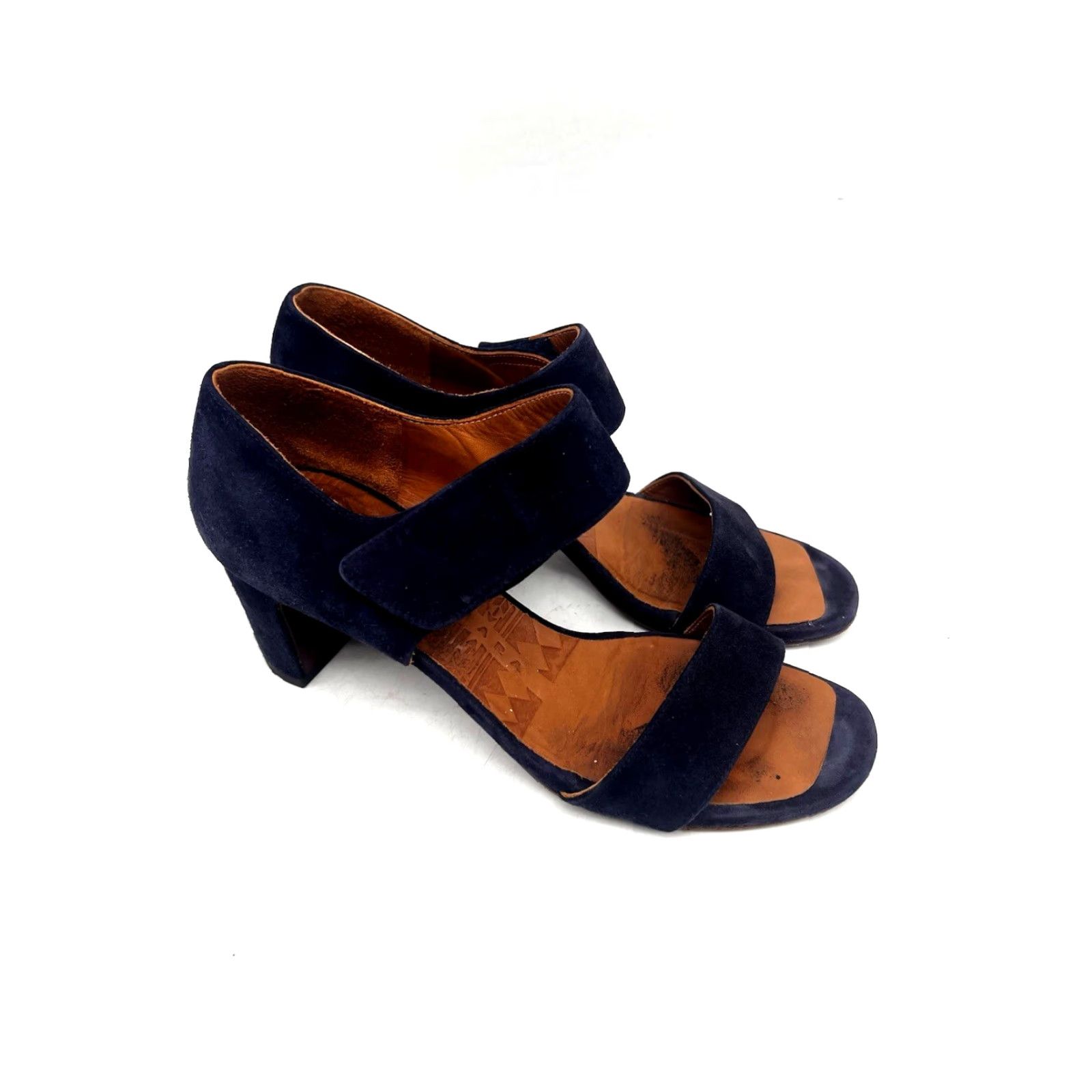 Vintage Chie Mihara Blue Suede Strap Sandals 2.5" Heel Women's Size 7 Open Toe Hook & Loop Stylish Block Heels Made in Spain Size US 7 / IT 37 - 4 Thumbnail