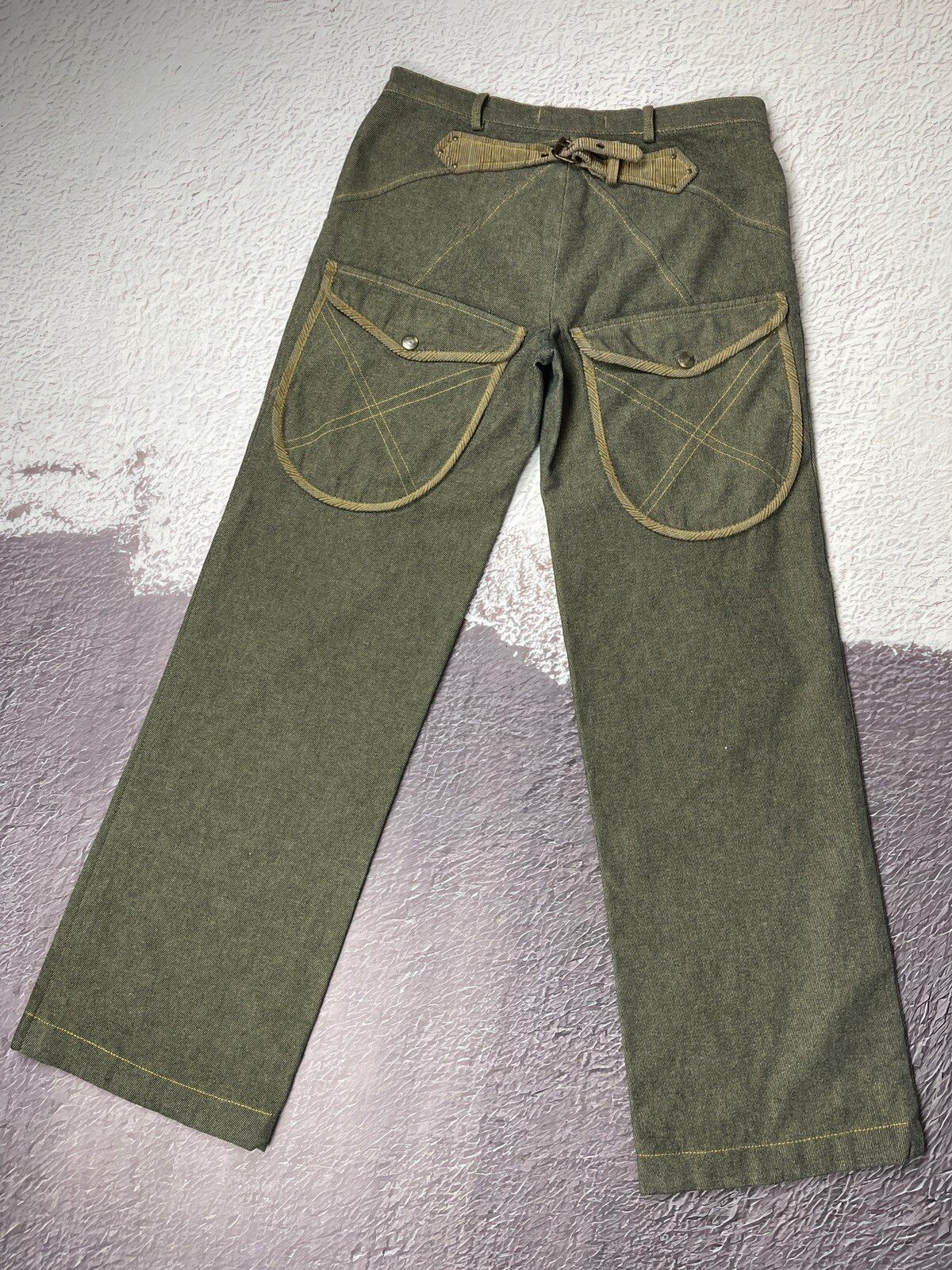 Pre-owned Just Cavalli Buckle Back Denim Corduroy Big Pockets Jeans In Khaki Grey