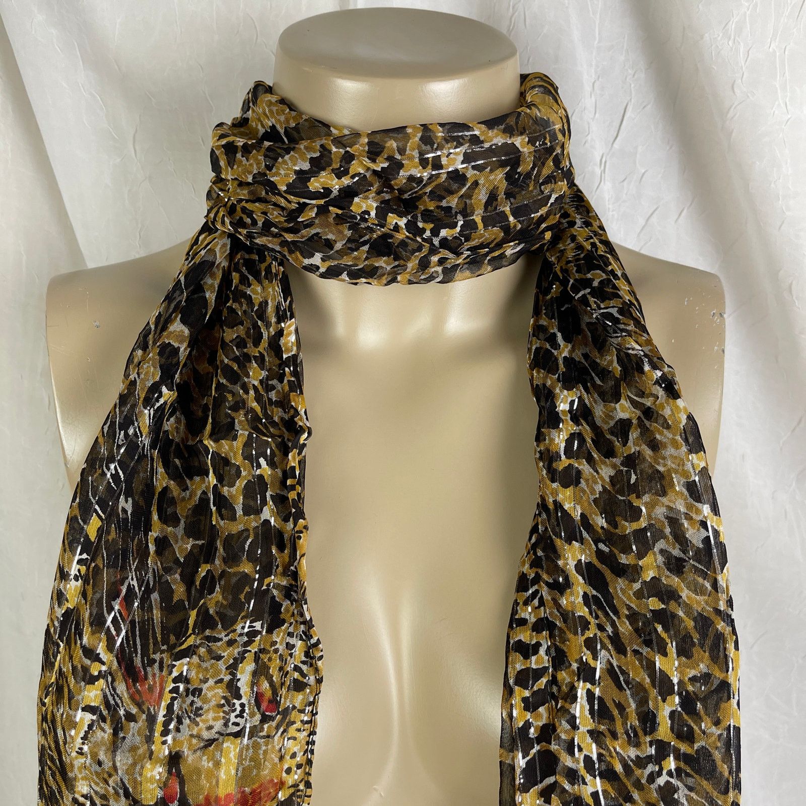 Vintage VTG Leopard Print Sheer Scarf Striped Silver Brown Black Red Size ONE SIZE - 12 Thumbnail
