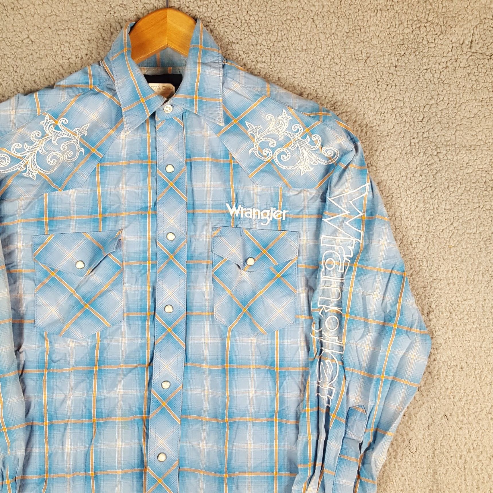 Wrangler VINTAGE Wrangler Western Pearl Snap Cowboy Shirt S Blue Cotton Button-Up Collar Cowboy, Western, 90s, Workwear, Casual Mens Size US S / EU 44-46 / 1 - 3 Thumbnail