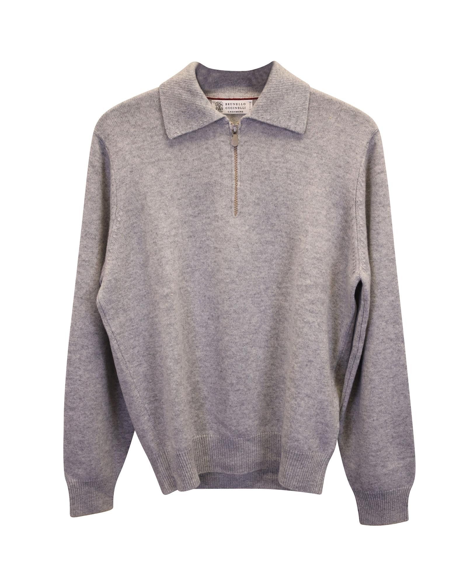 Image of Brunello Cucinelli Zip-Up Cashmere Polo Sweater In Grey, Men's (Size XS)