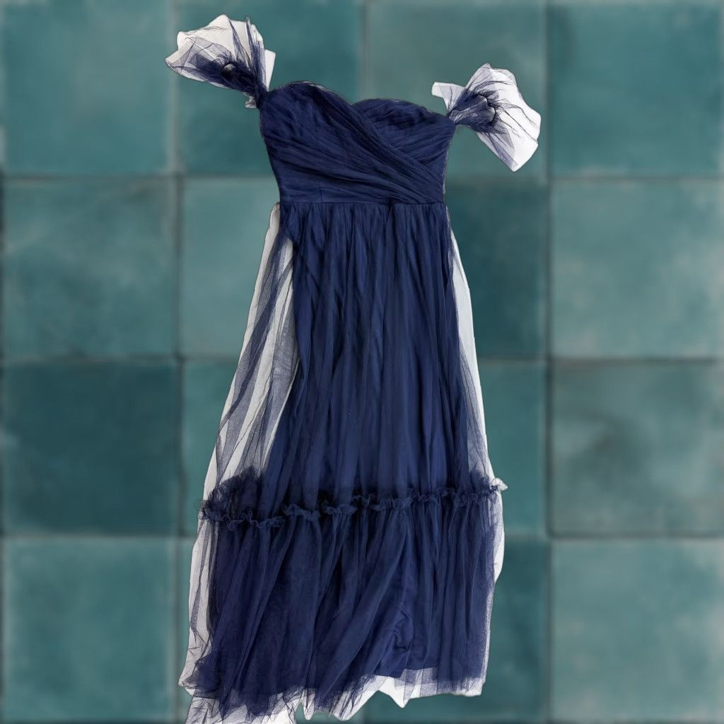 Vintage Ever-Pretty Dress Womens 10 Navy Tulle Off Shoulder EE50125 Sweetheart Gown Size L / US 10 / IT 46 - 1 Thumbnail