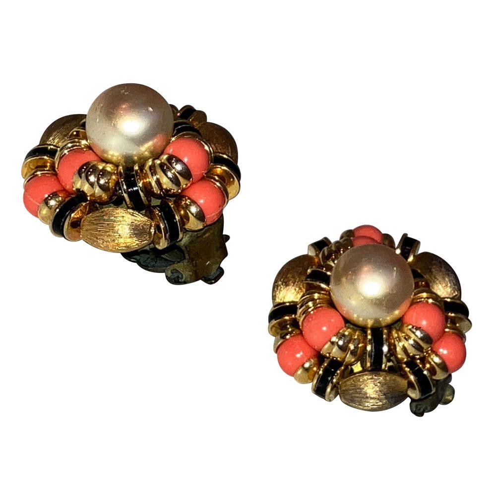 Designer Francoise Montague French Pink Black and Pearl Earrings Size ONE SIZE - 2 Thumbnail