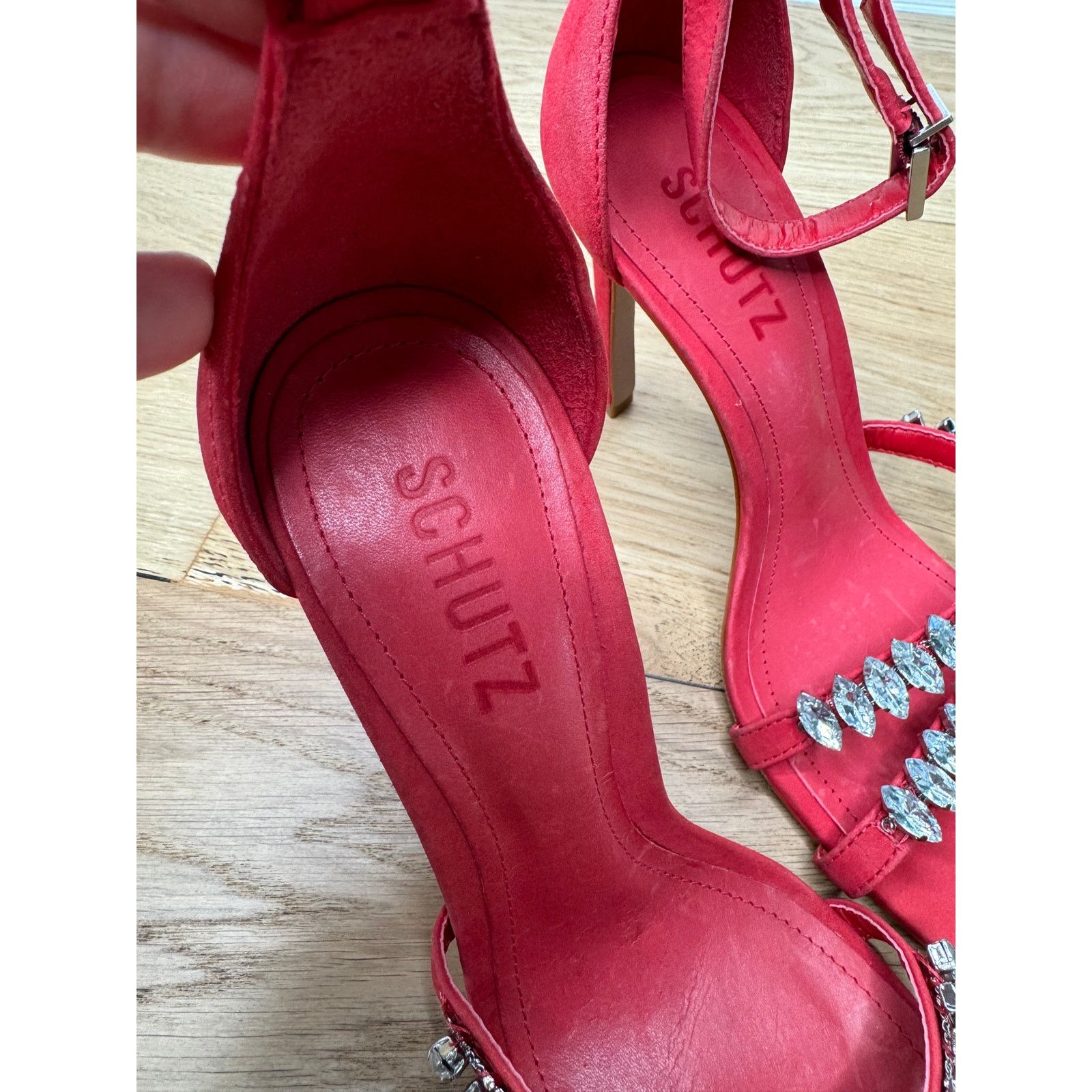 SCHUTZ NEW Schutz Linsey Red Nubuck Sandal Crystal Heels Size US 7 / IT 37 - 6 Thumbnail