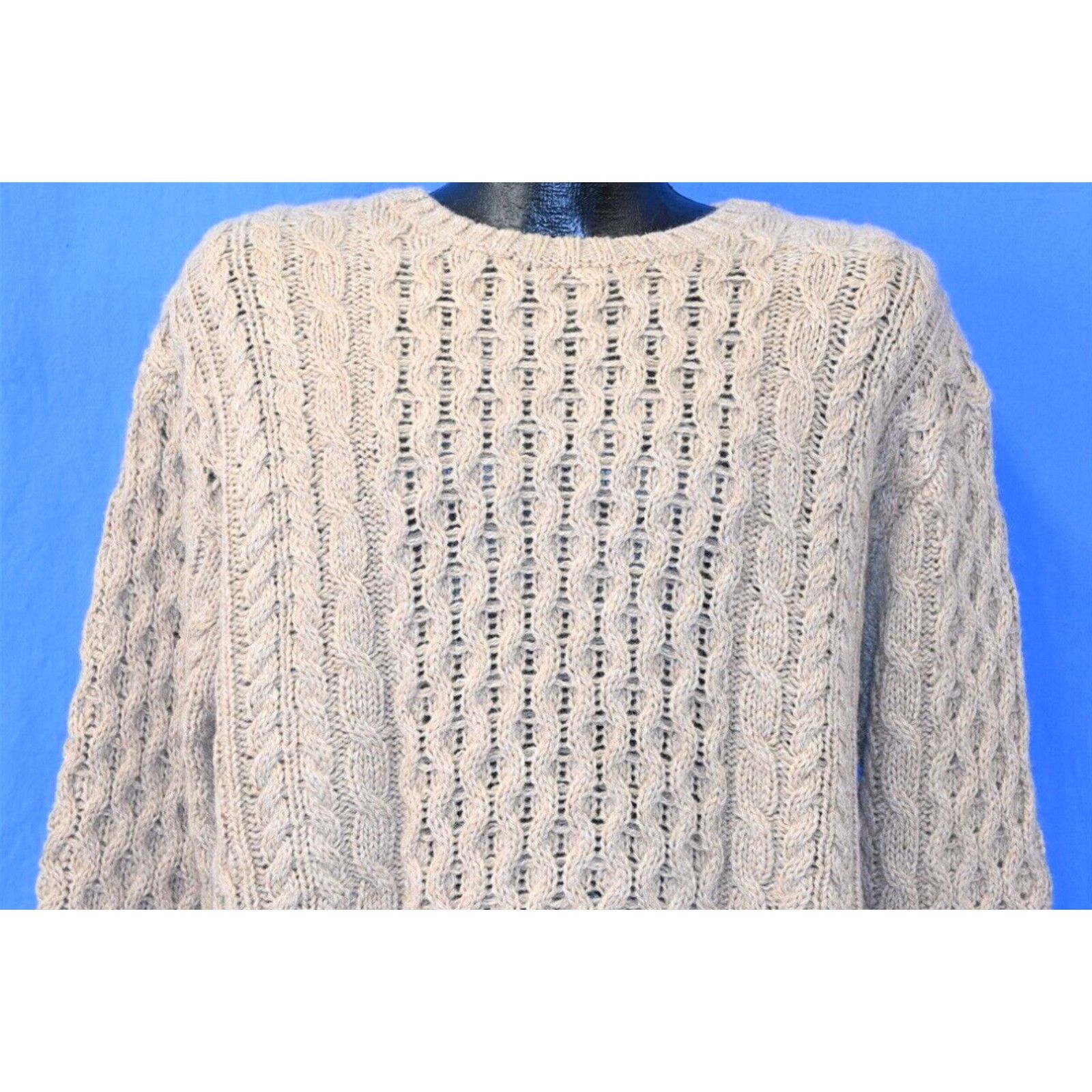 image of Vintage VTG 60S Irish Aran Cable Knit Fisherman Beige Wool Crewneck Pullover Sweater 2Xl in White