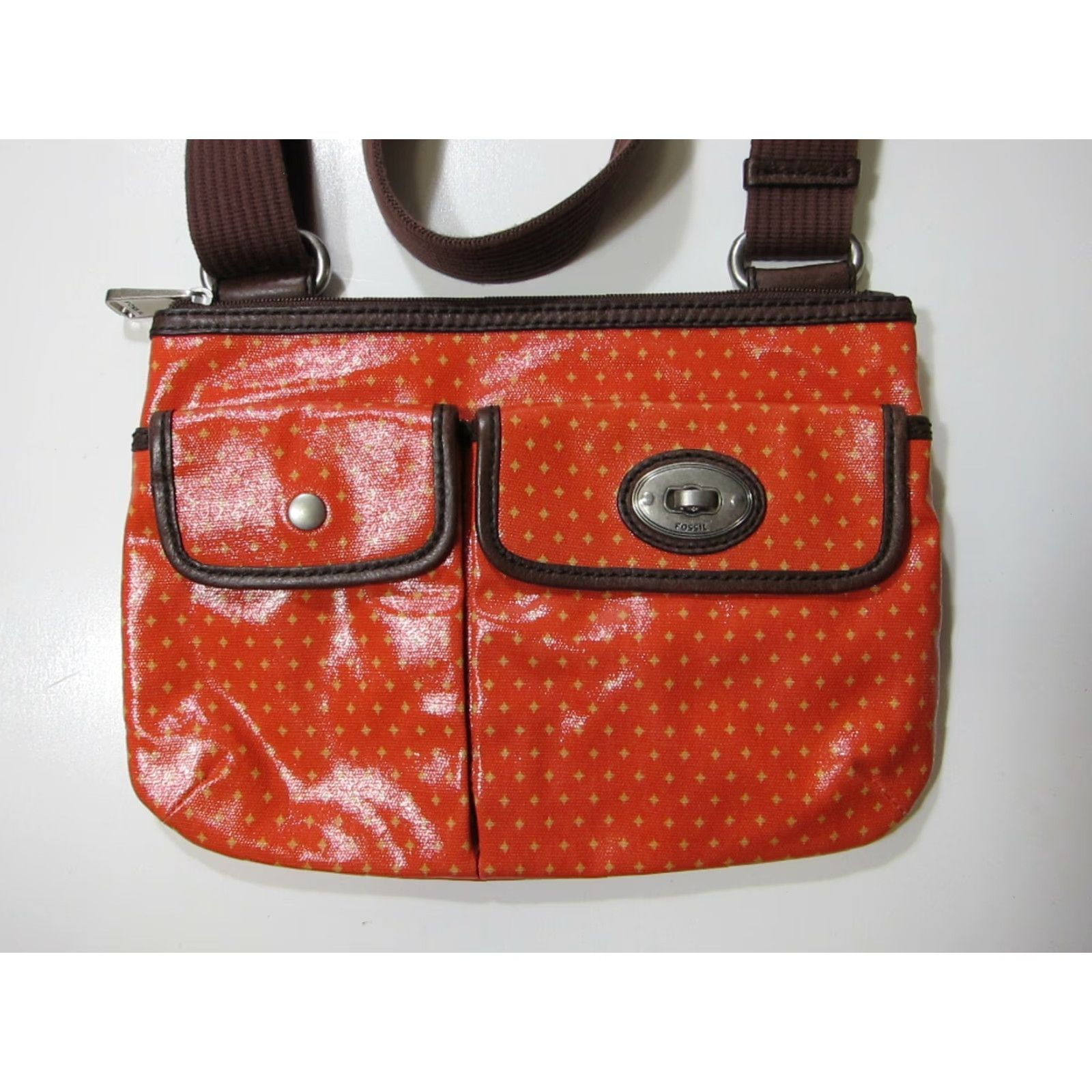 Fossil Fossil Star Orange Brown Plastic Satchel Crossbody Purse Bag Womens Small 80s 90s Star Pattern Pockets Size ONE SIZE - 3 Thumbnail