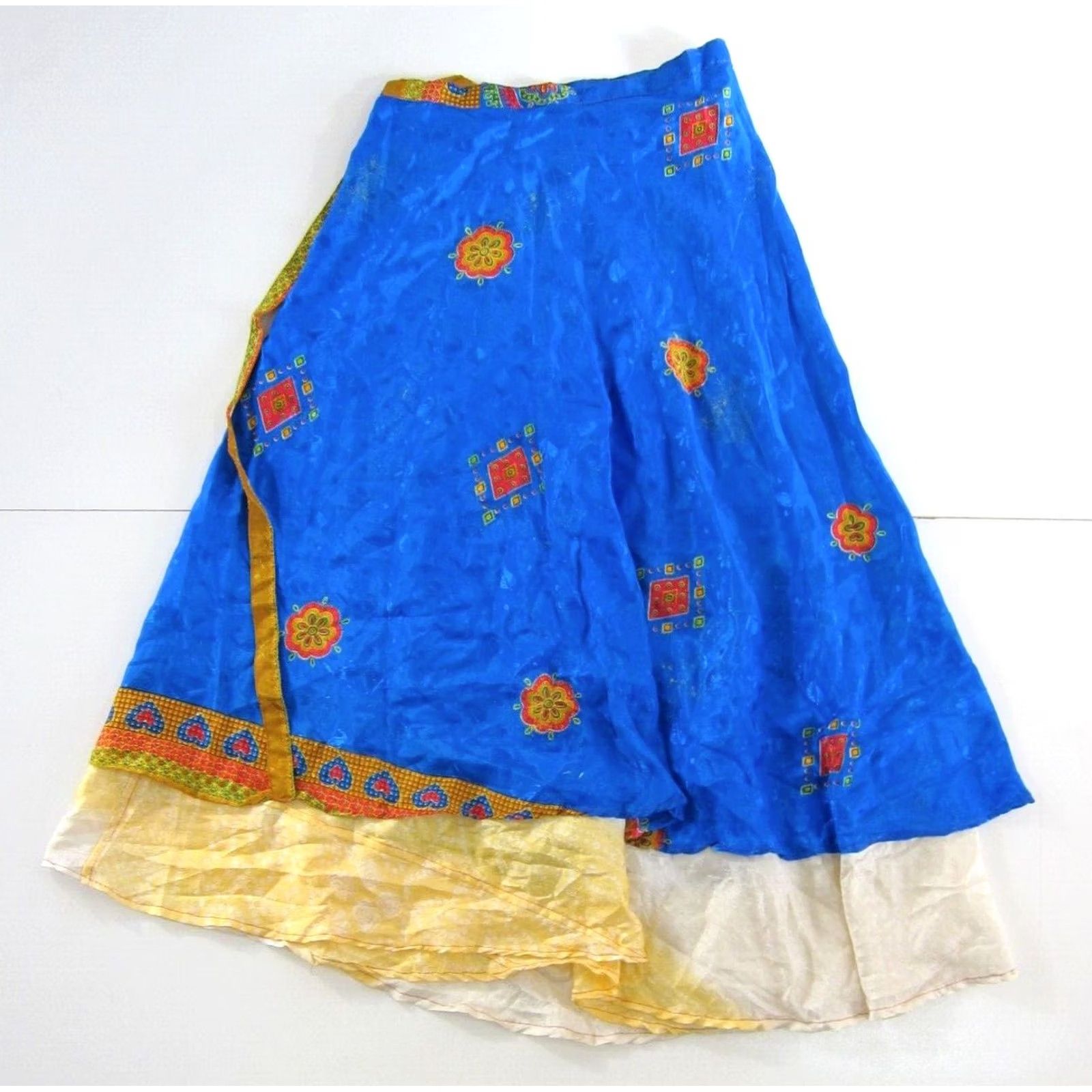 Vintage VINTAGE India Silk Blue Red Yellow Floral Paisley Long Reversible Wrap Skirt Size 36" / US 14 / IT 50 - 2 Thumbnail