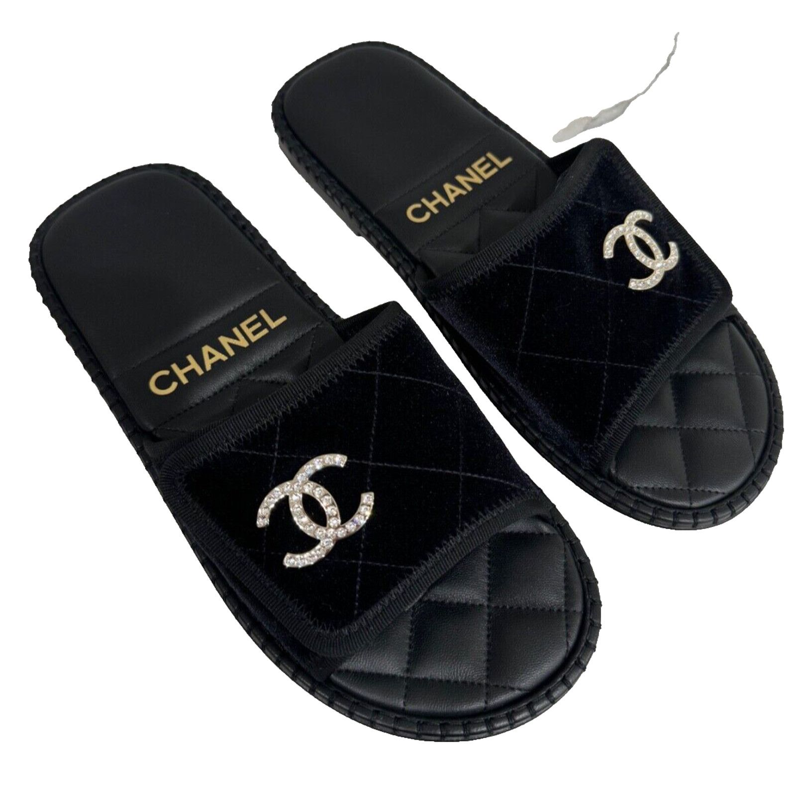 Chanel Chanel 23M Black Velvet Crystal CC Logo Hotel Mule Slide Size US 10 / IT 40 - 1 Thumbnail