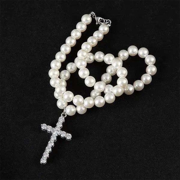 Japanese Brand × Vintage Punkrock Diamond Cross Glitter Pearls Necklace Chain Size ONE SIZE - 2 Thumbnail