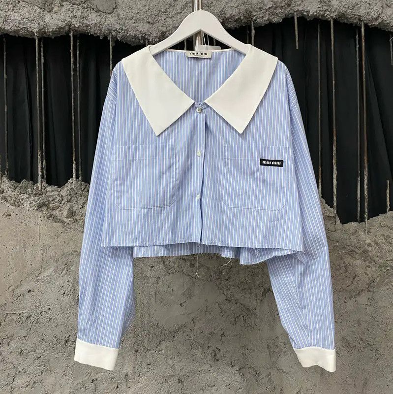 Miu Miu Miu Miu Light Blue Cropped Long Sleeve Shirt 0089 Size ONE SIZE - 1 Thumbnail