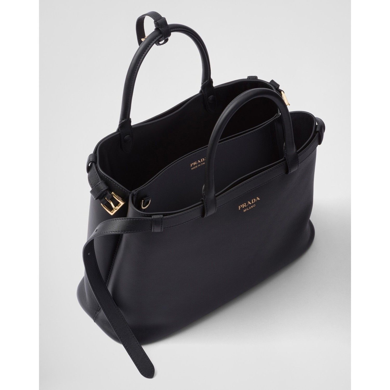 Prada PRADA Buckle Medium Black Leather Double Belted Handbag New Size ONE SIZE - 4 Thumbnail