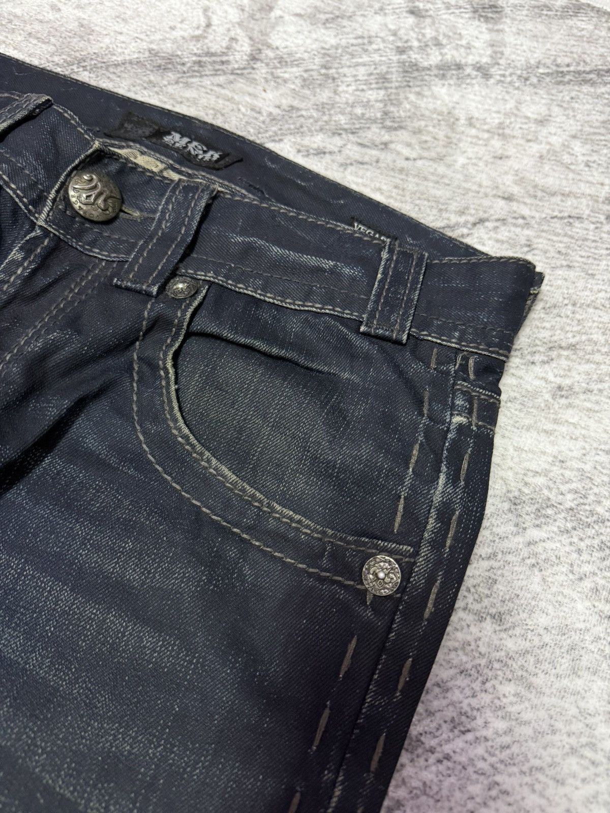 Japanese Brand × Mek Denim Mek Denim Wax Coated Studded Vegas Boot Cut Flared Jeans Size US 30 / EU 46 - 17 Thumbnail