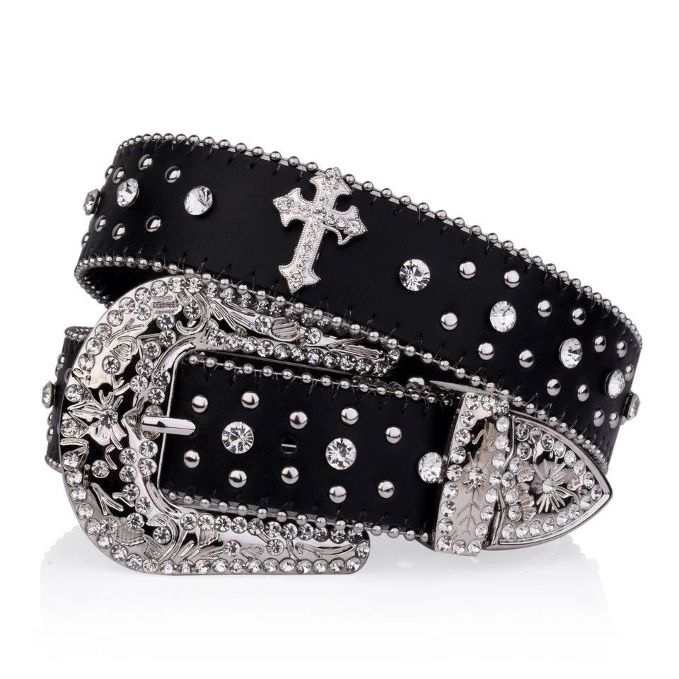 image of Black Cross Rivet Belt Engraved Buckle Rhinestone Pu Leather, Men's