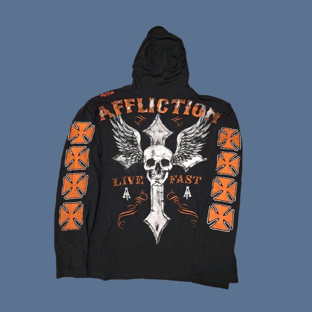 Affliction Vtg Y2k Affliction Graphic Hooded Henley Shirt Hoodie Men’s XL Skull Cross Wings Shirt Size US XL / EU 56 / 4 - 1 Thumbnail