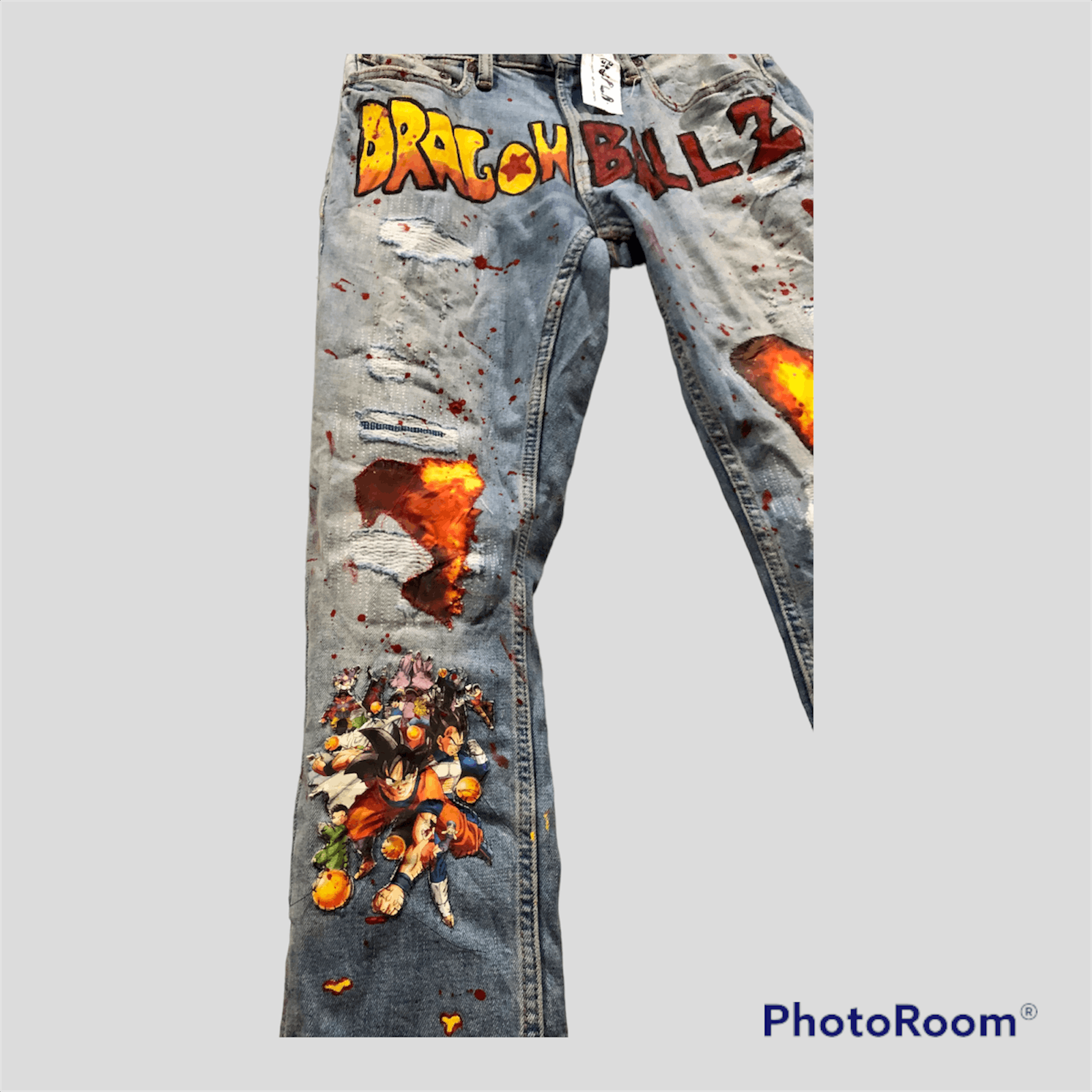 Anime Dragon Ball Z Distressed Jeans Custom Handmade By Pop Up LA Size US 32 / EU 48 - 2 Thumbnail