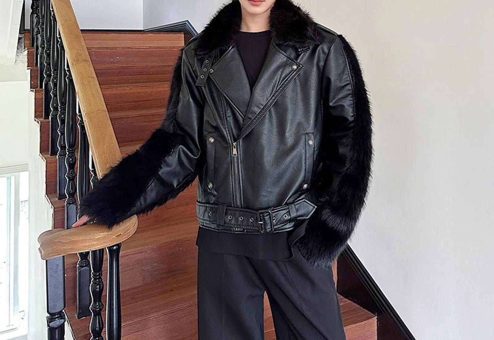 Leather Black Faux Leather Fur Trimmed Biker Jacket, Oversized Fit Size ONE SIZE - 2 Thumbnail