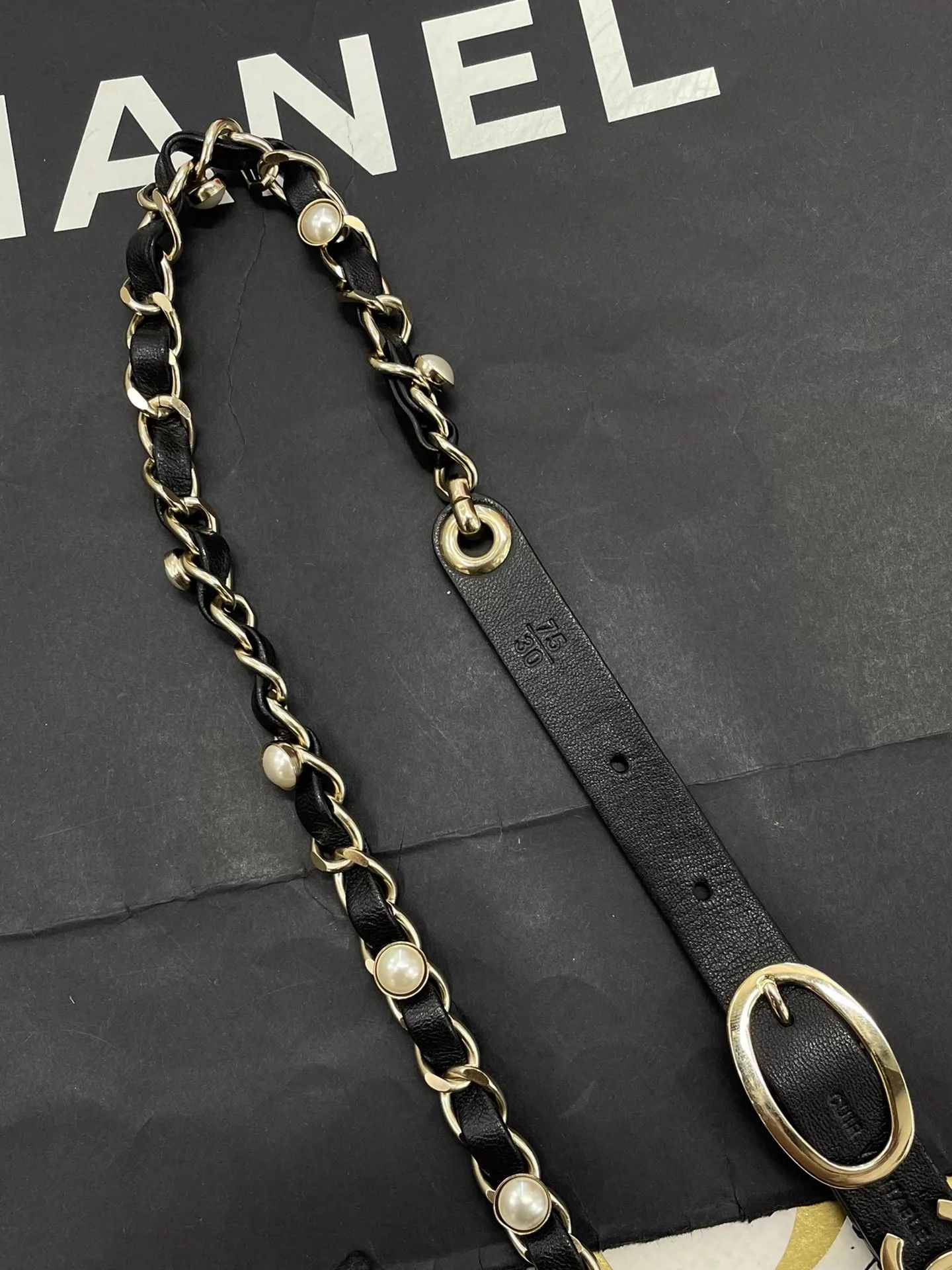 Chanel Chanel Black & Gold Pearl Leather Chain Belt Unisex 75 Size ONE SIZE - 5 Thumbnail