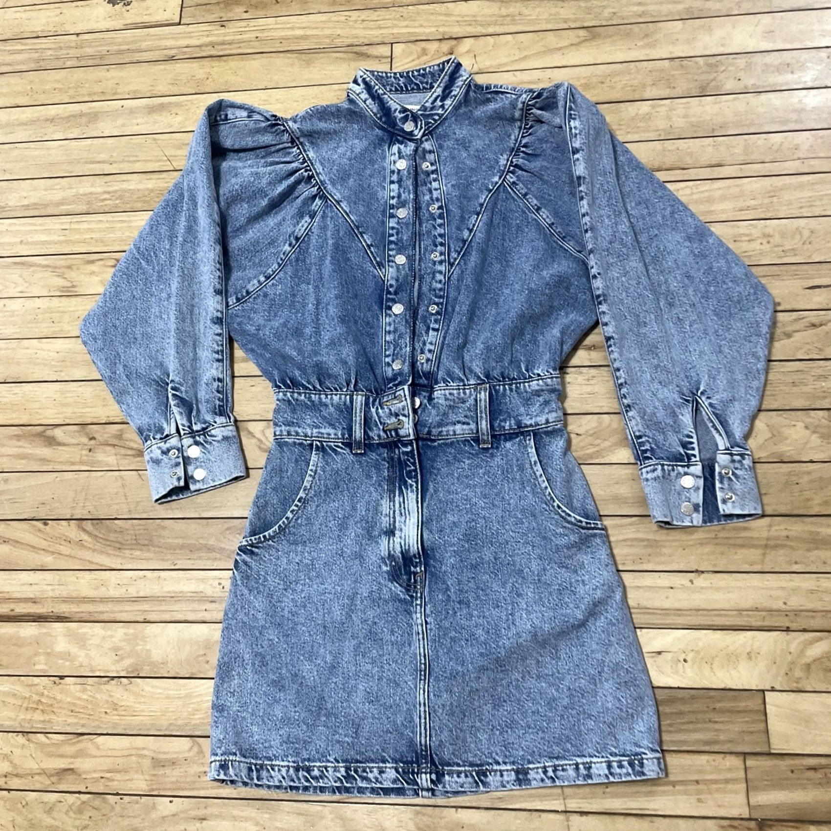 Mango VINTAGE Mango MNG Denim Romper Women 2 Blue Jean One Piece Jumpsuit Puff Sleeves Shirt Women Squares Size 26" / US 2 / IT 38 - 3 Thumbnail