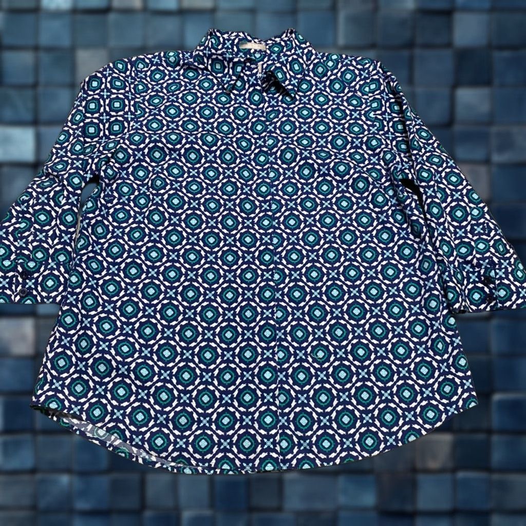 Vintage Chico's Womens Shirt Blue Geometric 3/4 Sleeve Button-Up Cotton Size M / US 6-8 / IT 42-44 - 1 Thumbnail