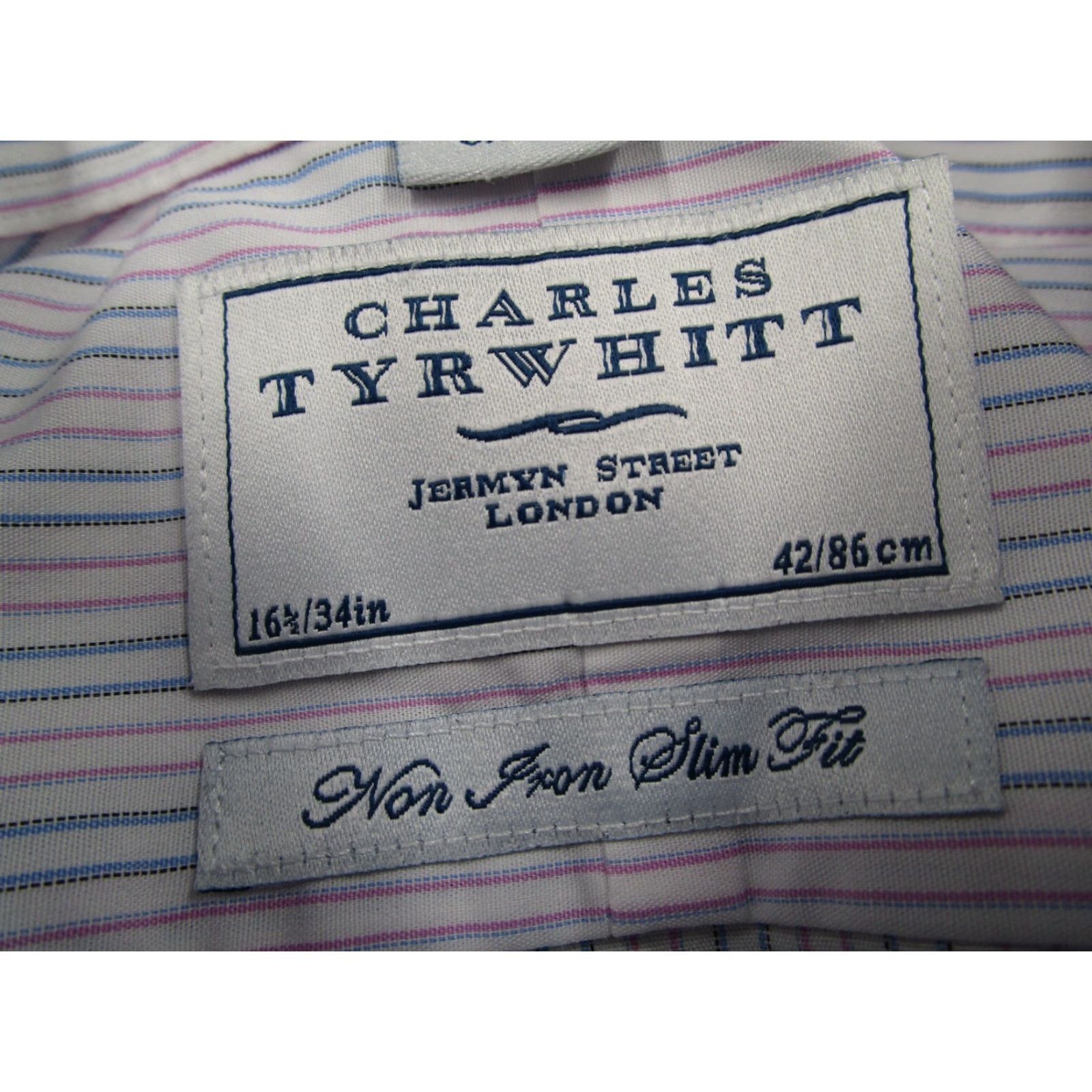Charles Tyrwhitt CHARLES TYRWHITT Dress Shirt Slim Fit 34 16.5 Blue Striped French Cuff Non-Iron Mens Size 34R - 3 Thumbnail