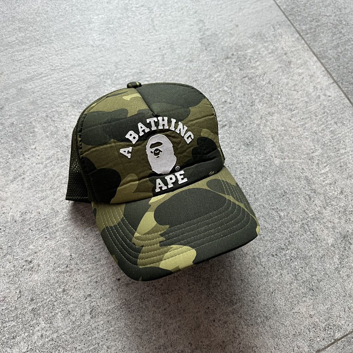 image of A Bathing Ape Bape College Logo Green Camo Mesh Trucker Hat, Men's