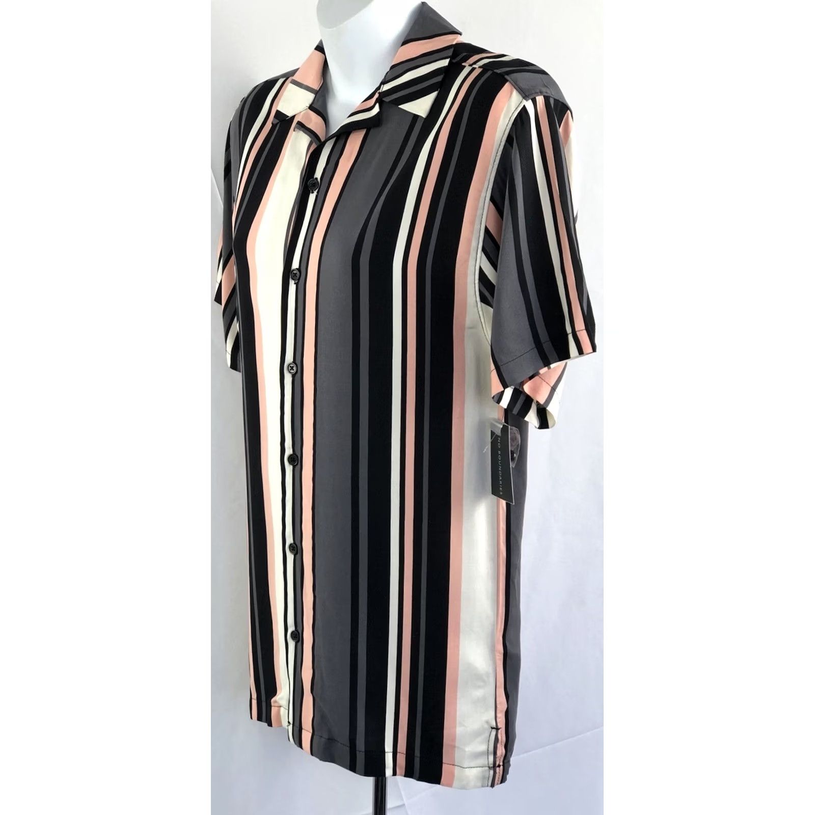 Vintage NWT No Boundaries Shirt XS Grey/Peach Stripe Button Up Short Sleeve hip hop Prep Mens Size US XS / EU 42 / 0 - 2 Thumbnail
