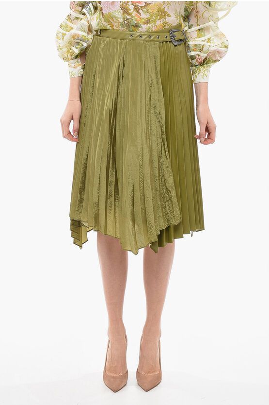 image of Andersson Bell Faux Leather Pleated Skirt With Silver-Tone Buckle in Green, Women's (Size XS)