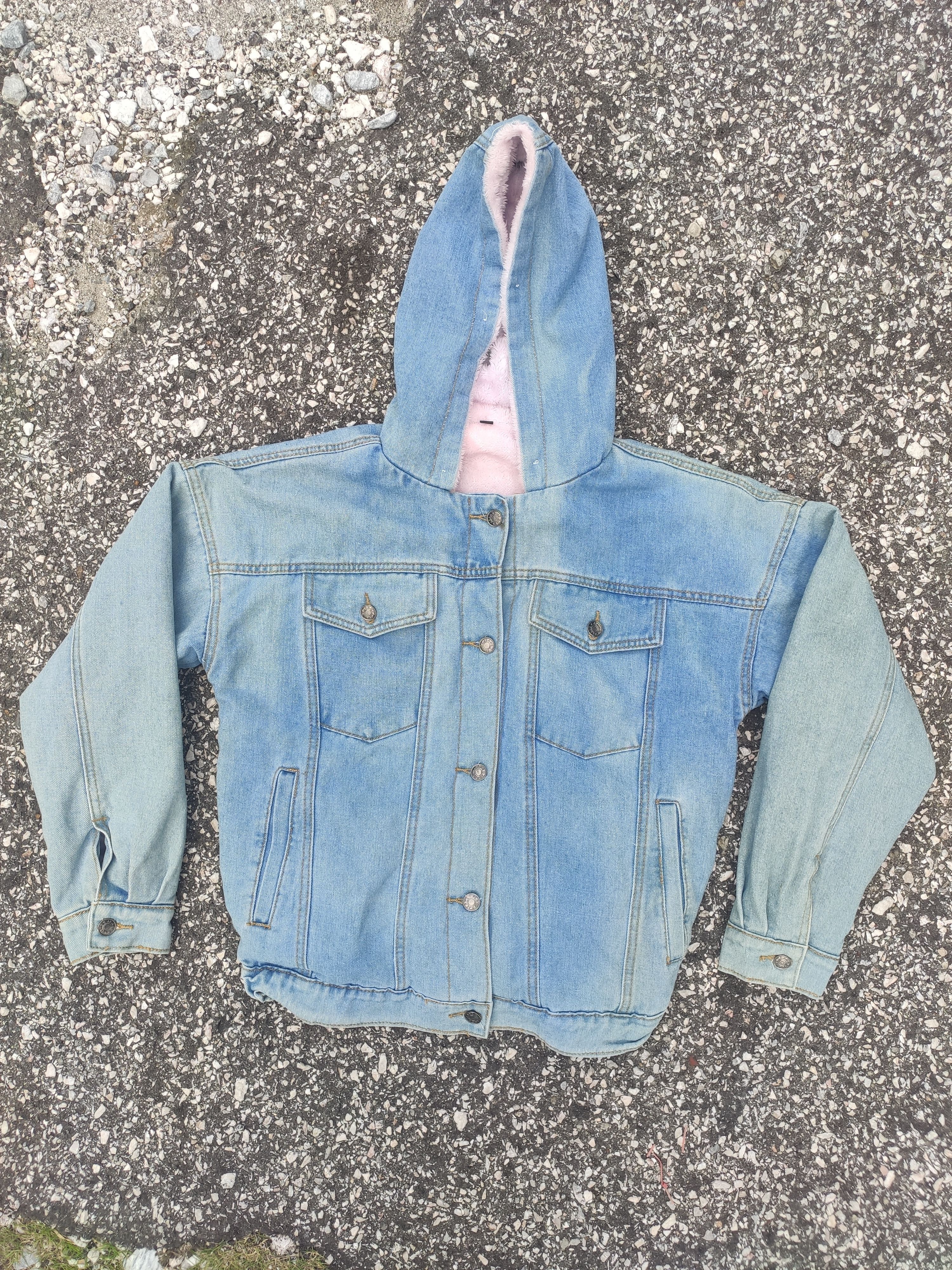 image of Designer Hooded Fleece Denim / Jeans Jacket in Blue Jean, Men's (Size Medium)