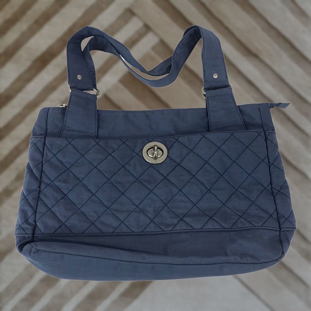 Vintage Baggallini Bag Blue Quilted Tote Purse Turn Lock Zip Pocket Shoulder Bag Size ONE SIZE - 1 Thumbnail