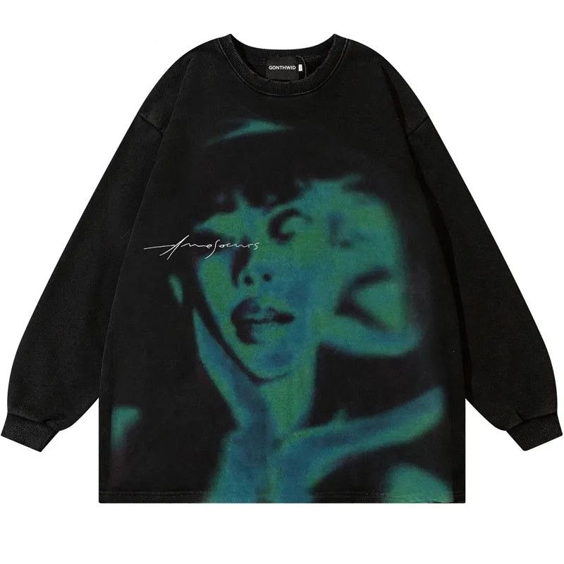90s Design Face Oversized Printed Vintage Sweatshirt